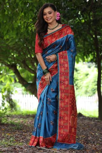 blue solid tussar silk saree with blouse