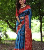 blue solid tussar silk saree with blouse
