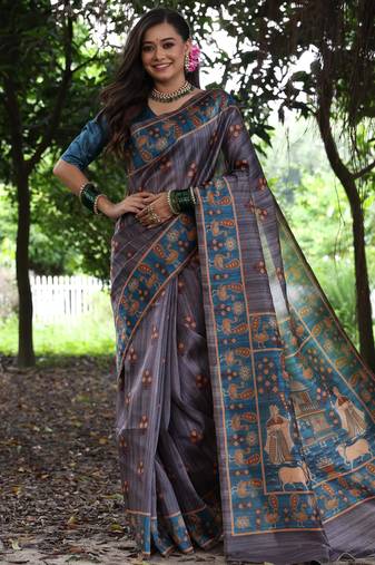 grey solid tussar silk saree with blouse