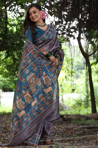grey solid tussar silk saree with blouse