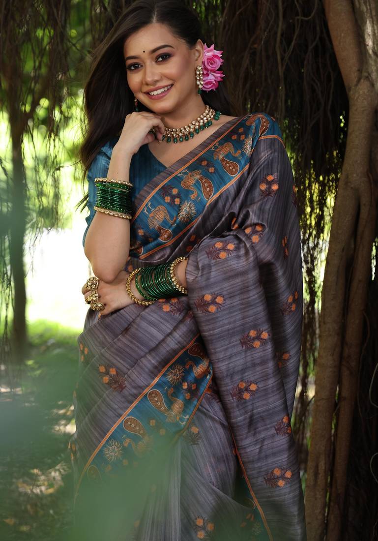 grey solid tussar silk saree with blouse