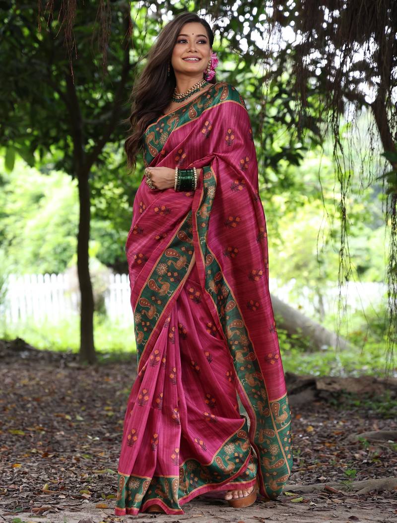 pink solid tussar silk saree with blouse