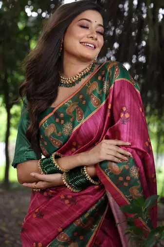 pink solid tussar silk saree with blouse