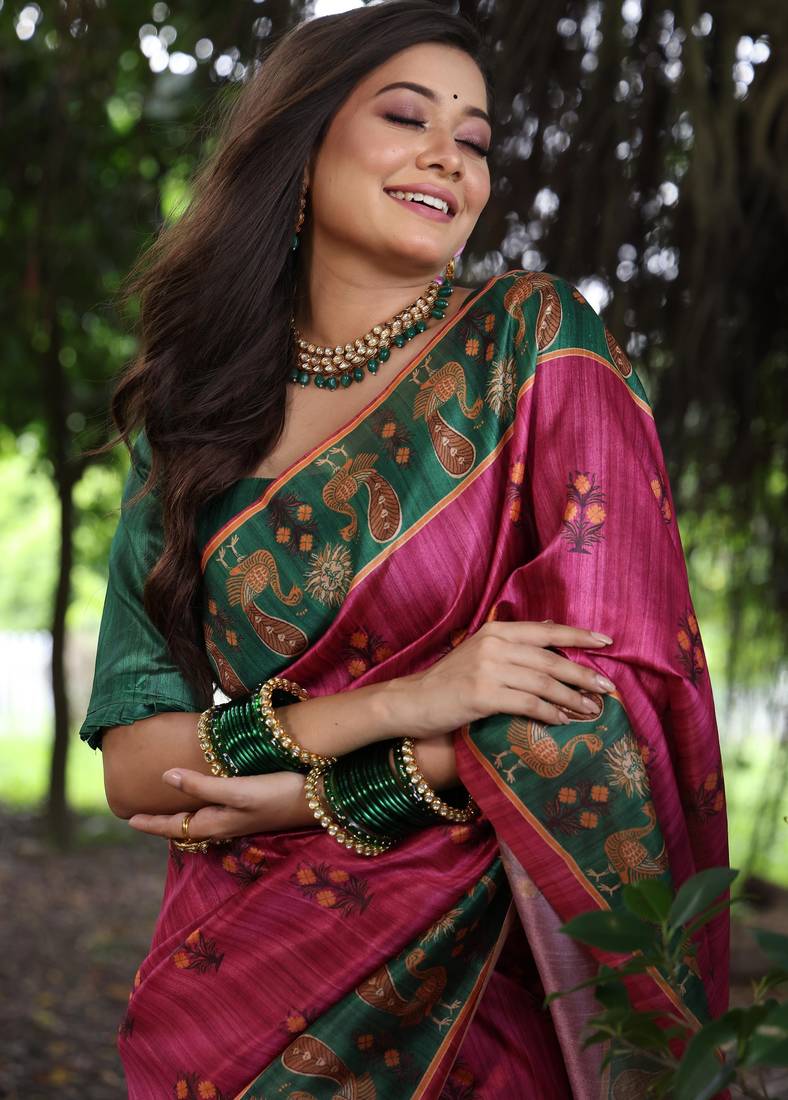 pink solid tussar silk saree with blouse