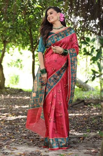 red solid tussar silk saree with blouse