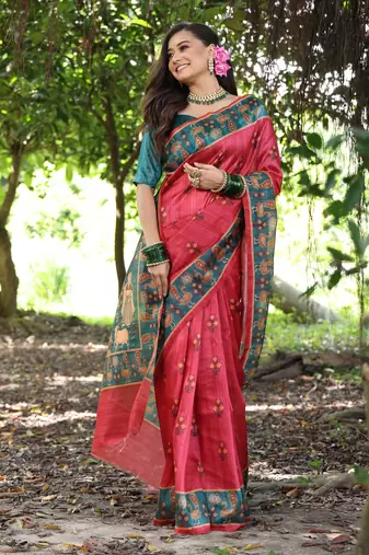 red solid tussar silk saree with blouse