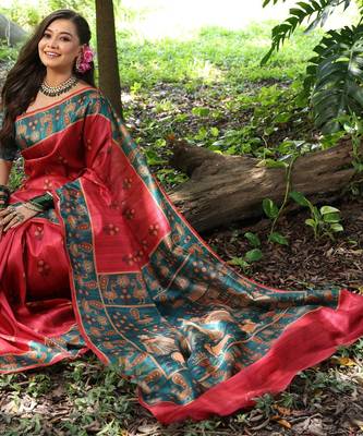 red solid tussar silk saree with blouse 3