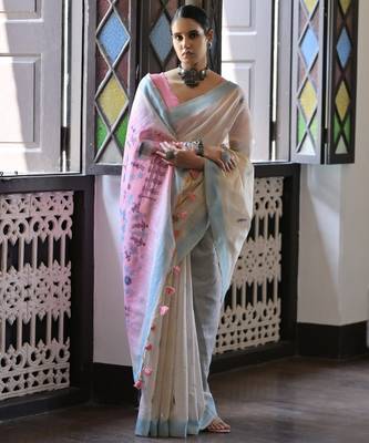 blue solid blended cotton saree with blouse 2