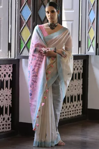 blue solid blended cotton saree with blouse