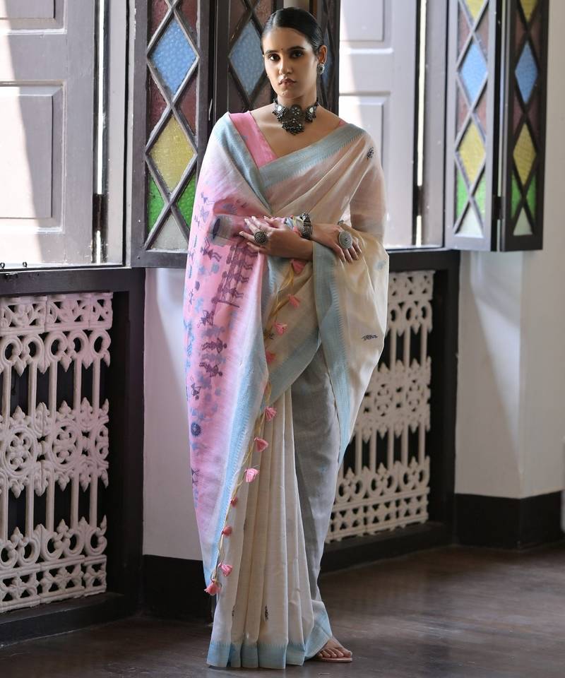 blue solid blended cotton saree with blouse