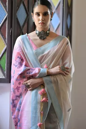 blue solid blended cotton saree with blouse