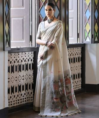 grey solid blended cotton saree with blouse 1