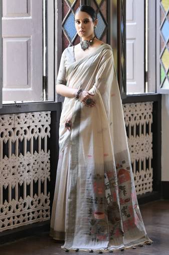 grey solid blended cotton saree with blouse