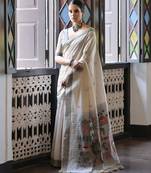 grey solid blended cotton saree with blouse