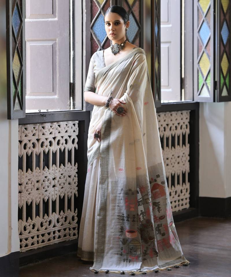grey solid blended cotton saree with blouse