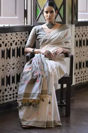 grey solid blended cotton saree with blouse