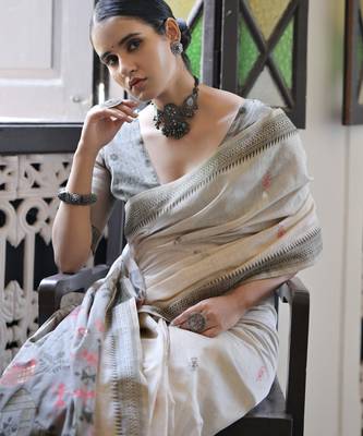 grey solid blended cotton saree with blouse 3