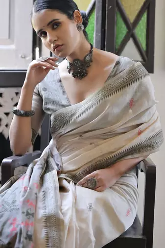 grey solid blended cotton saree with blouse