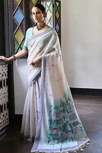 navy blue solid blended cotton saree with blouse