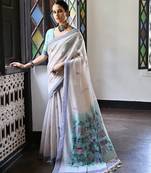 navy blue solid blended cotton saree with blouse