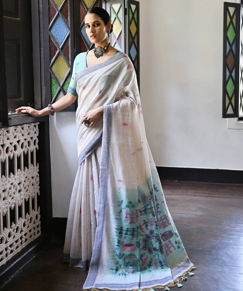 navy blue solid blended cotton saree with blouse