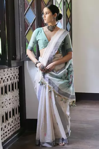 navy blue solid blended cotton saree with blouse