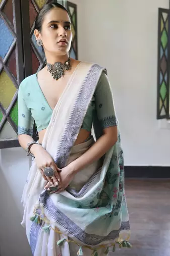 navy blue solid blended cotton saree with blouse