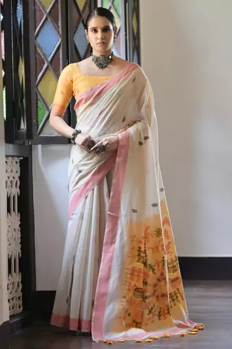 Cream solid blended cotton saree with blouse