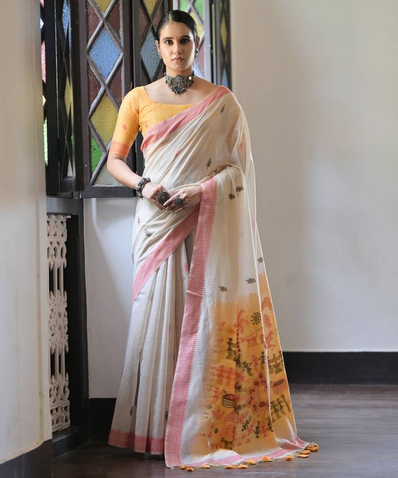 Cream solid blended cotton saree with blouse