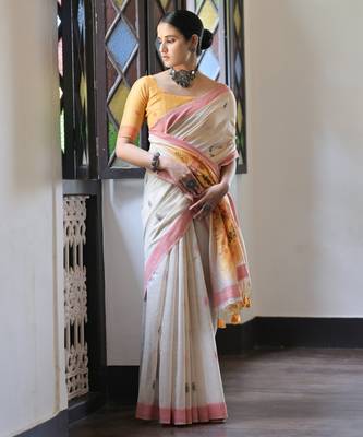 Cream solid blended cotton saree with blouse 2