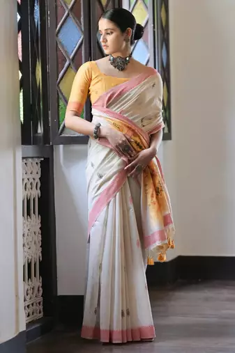 Cream solid blended cotton saree with blouse