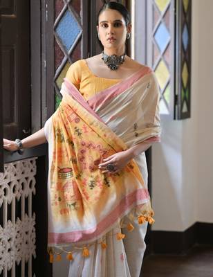 Cream solid blended cotton saree with blouse 3