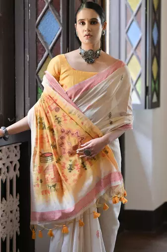 Cream solid blended cotton saree with blouse