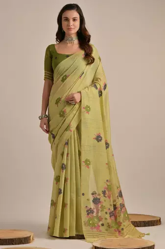 green solid blended cotton saree with blouse