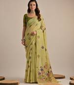 green solid blended cotton saree with blouse