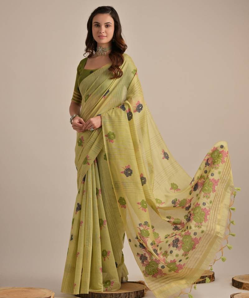 green solid blended cotton saree with blouse