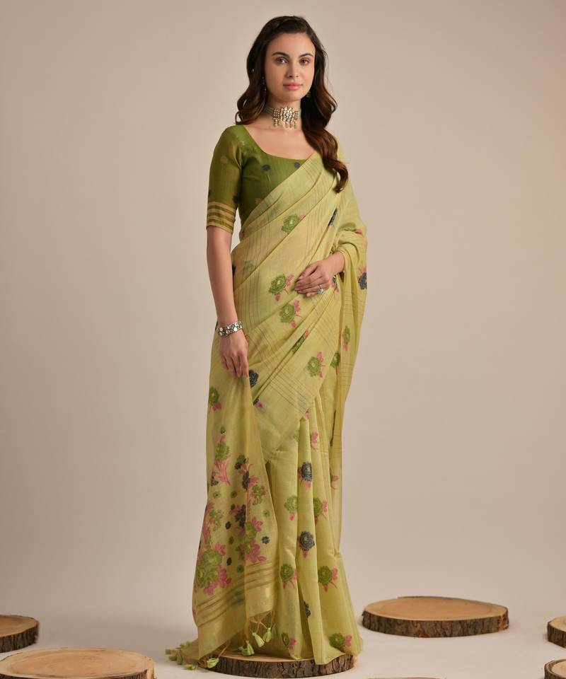 green solid blended cotton saree with blouse