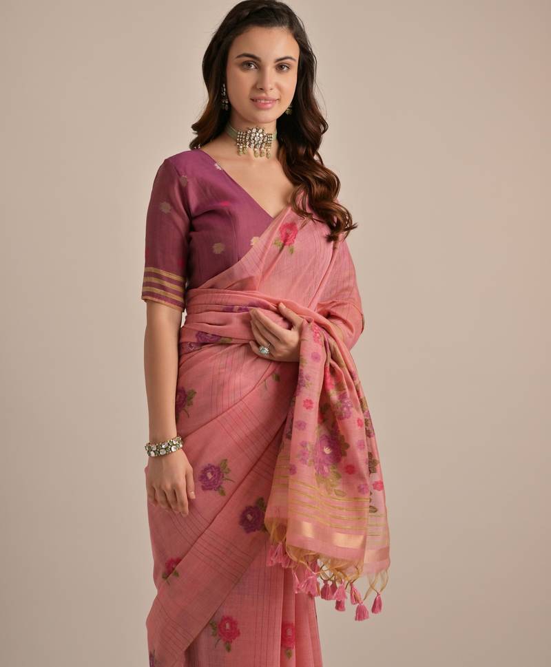 pink solid blended cotton saree with blouse