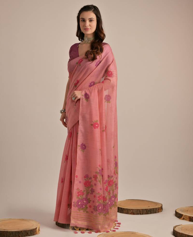 pink solid blended cotton saree with blouse