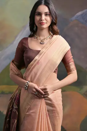 peach solid  saree with blouse