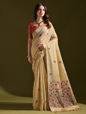 cream solid  saree with blouse 1