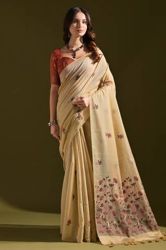 cream solid  saree with blouse