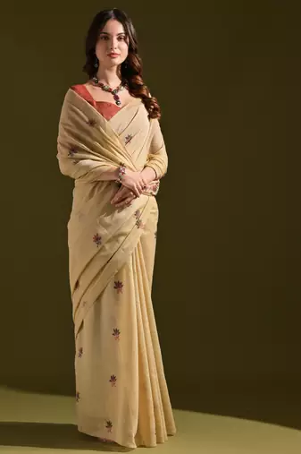 cream solid  saree with blouse