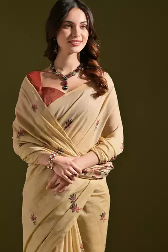 cream solid  saree with blouse