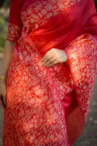 red solid raw silk blend saree with blouse