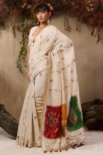 Beige solid blended cotton saree with blouse