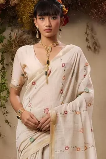 Beige solid blended cotton saree with blouse