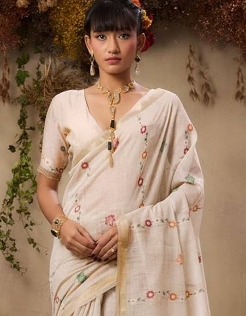 Beige solid blended cotton saree with blouse