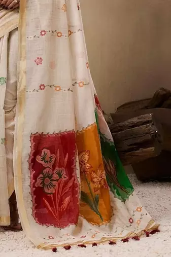 Beige solid blended cotton saree with blouse