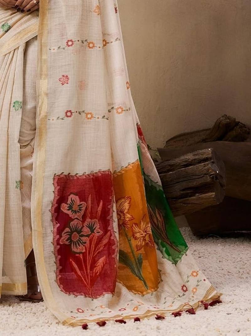 Beige solid blended cotton saree with blouse